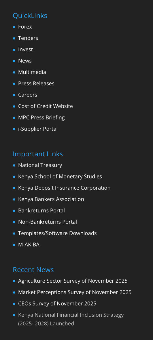 Central Bank of Kenya Footer with QuickLinks, Important Links, and Recent News